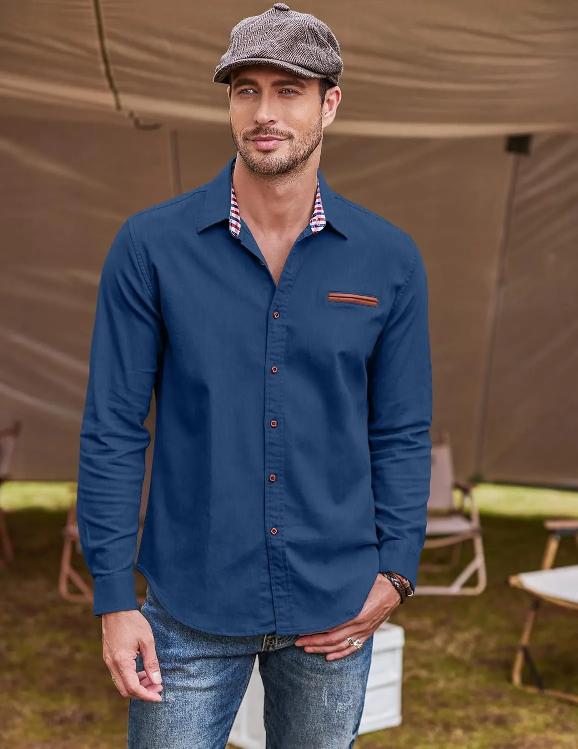 COOFANDY Men's Casual Dress Shirt Button Down Shirts Long-Sleeve Plaid Collar Denim Work Shirt
