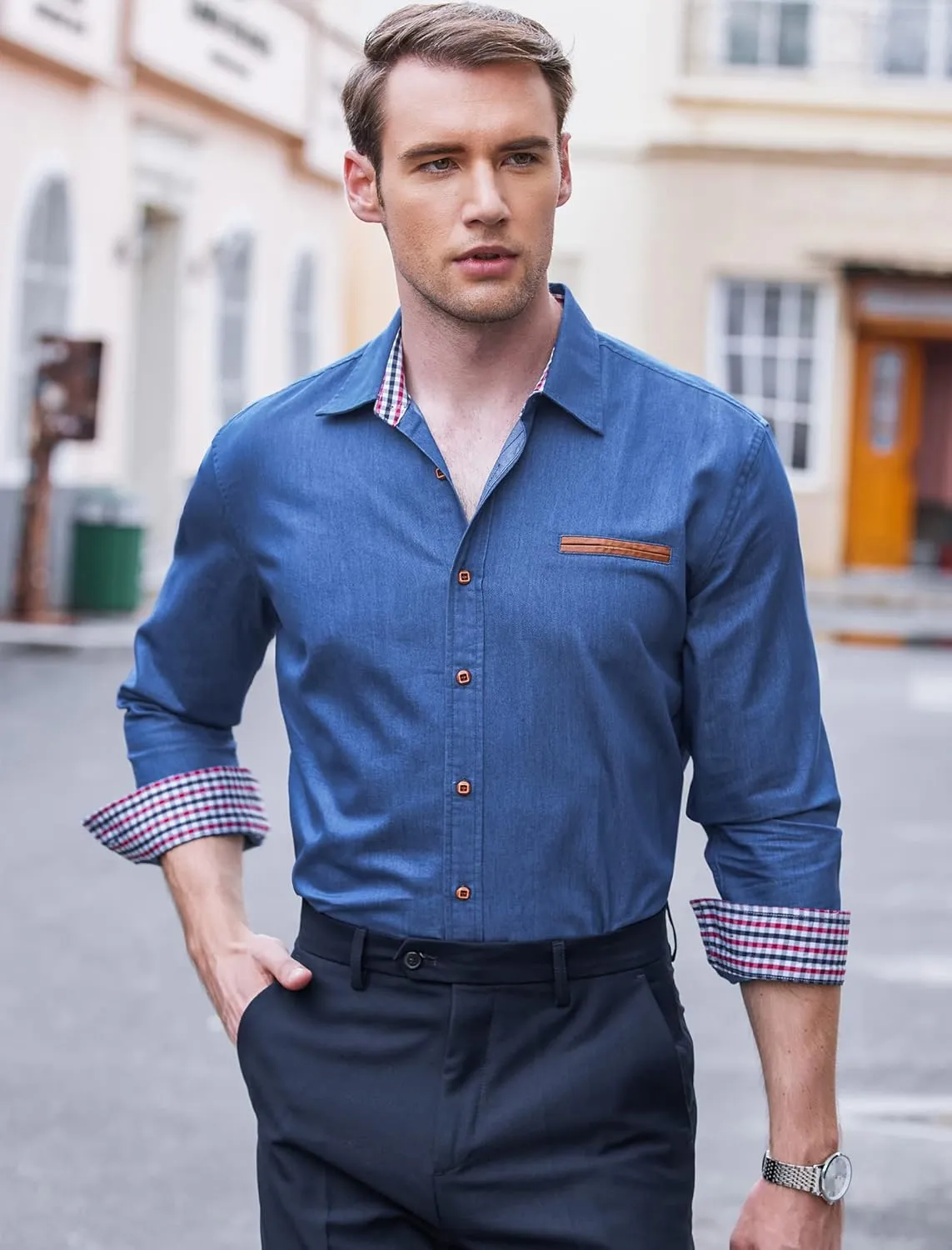 COOFANDY Men's Casual Dress Shirt Button Down Shirts Long-Sleeve Plaid Collar Denim Work Shirt