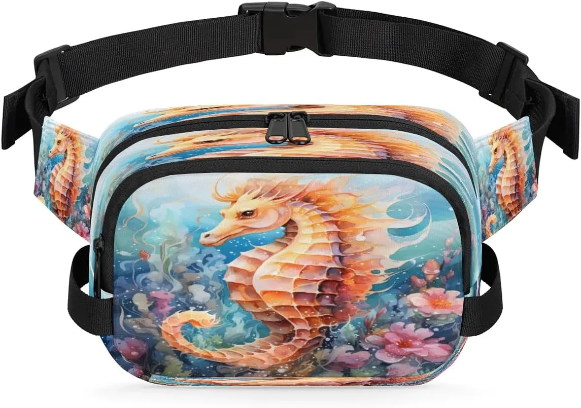 Coral Seaflower Seahorse Men's and Women's Waist Pack Crossbody Seahorse Prints Waist Pack Running Strap, Adjustable Shoulder Strap - For Hiking and Running Exercise Fitness