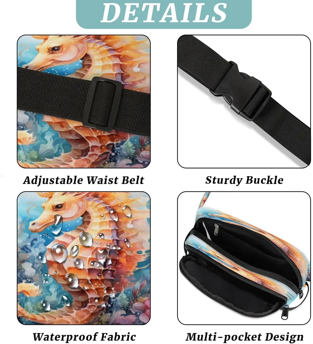 Coral Seaflower Seahorse Men's and Women's Waist Pack Crossbody Seahorse Prints Waist Pack Running Strap, Adjustable Shoulder Strap - For Hiking and Running Exercise Fitness