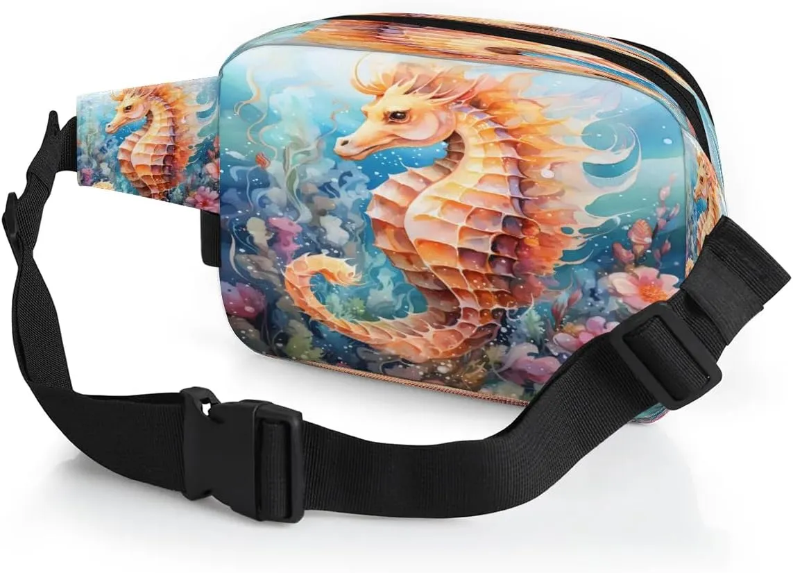 Coral Seaflower Seahorse Men's and Women's Waist Pack Crossbody Seahorse Prints Waist Pack Running Strap, Adjustable Shoulder Strap - For Hiking and Running Exercise Fitness
