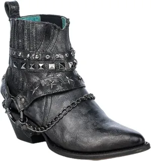 CORRAL LADIE'S SILVER/BLACK STRAPS & STAR STUDS & HARNESS ANKLE BOOT POINTED TOE, LEATHER SOLE, COWHIDE LEATHER, URBAN BOOT, Z5333