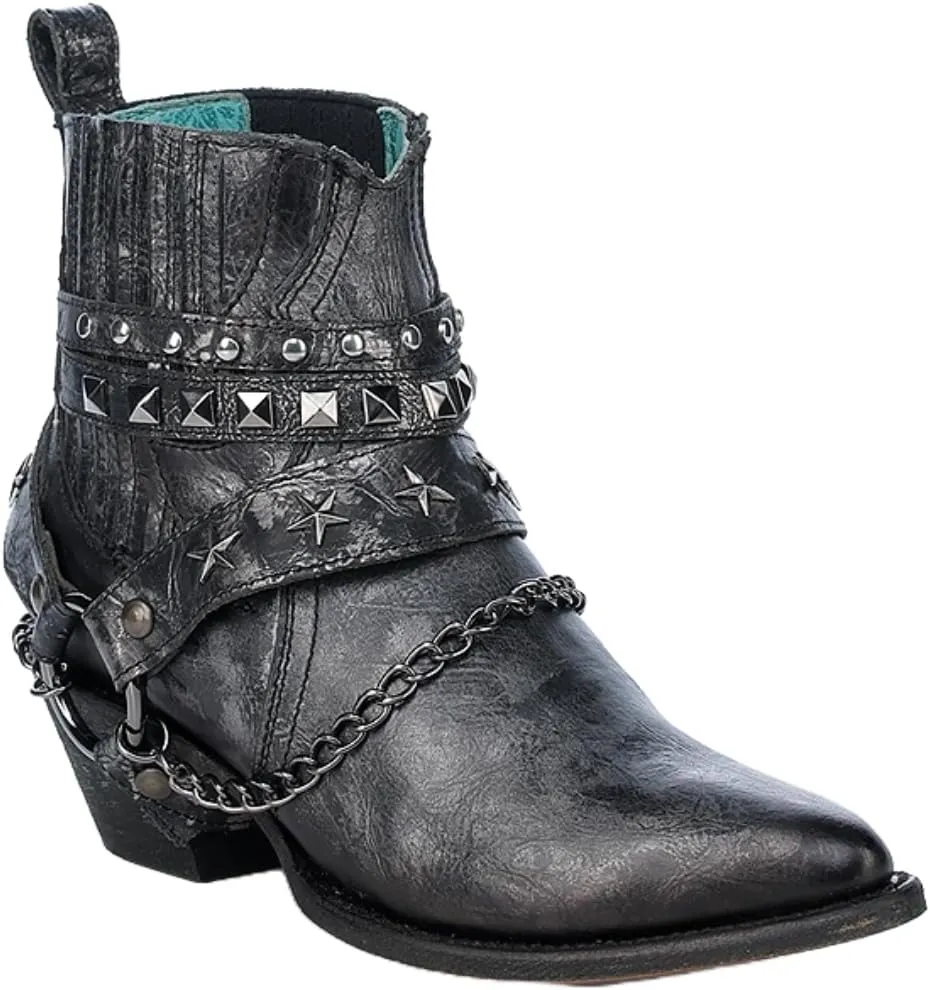 CORRAL LADIE'S SILVER/BLACK STRAPS & STAR STUDS & HARNESS ANKLE BOOT POINTED TOE, LEATHER SOLE, COWHIDE LEATHER, URBAN BOOT, Z5333