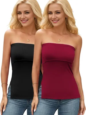 Cotton Tube Tops for Women Side Split Strapless Top Sexy Double Layer Bandeau Top 2 Packs