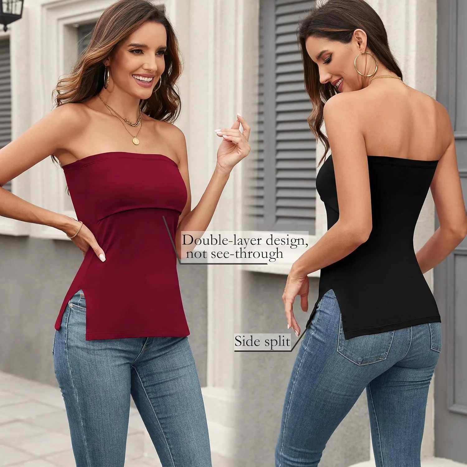 Cotton Tube Tops for Women Side Split Strapless Top Sexy Double Layer Bandeau Top 2 Packs