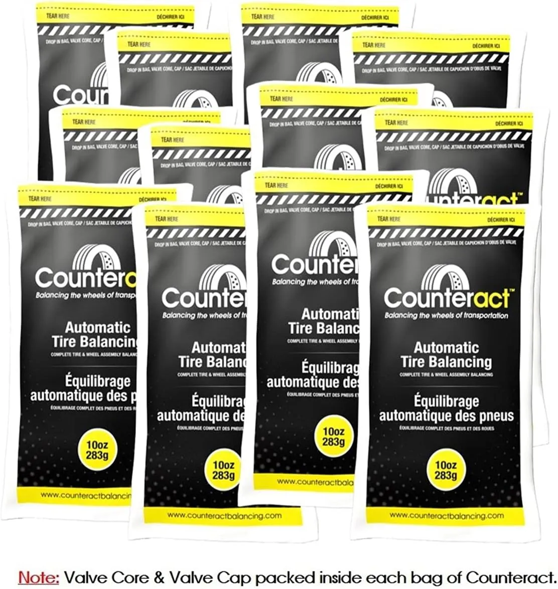 Counteract 10OZ-B12 Centrifugal Force Tire/Wheel Balancing Beads - Off-Road Vehicles, Light Duty Truck Tires, (12) 10oz Balance Bead Bags, (12) Valve Caps and Cores