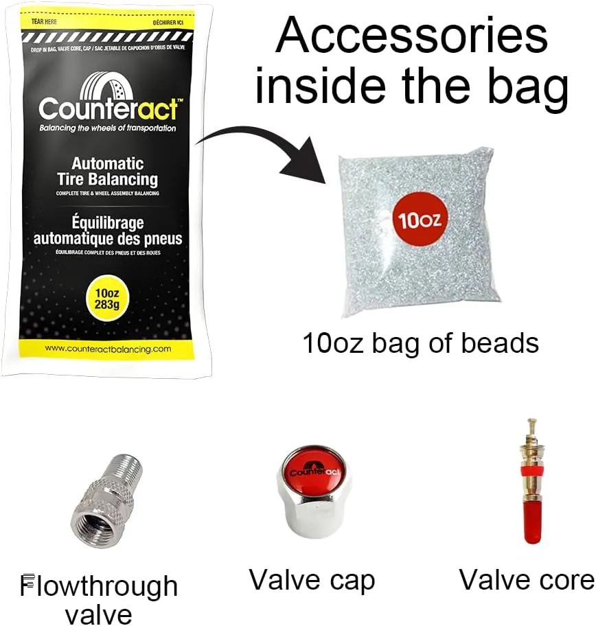 Counteract 10OZ-B12 Centrifugal Force Tire/Wheel Balancing Beads - Off-Road Vehicles, Light Duty Truck Tires, (12) 10oz Balance Bead Bags, (12) Valve Caps and Cores