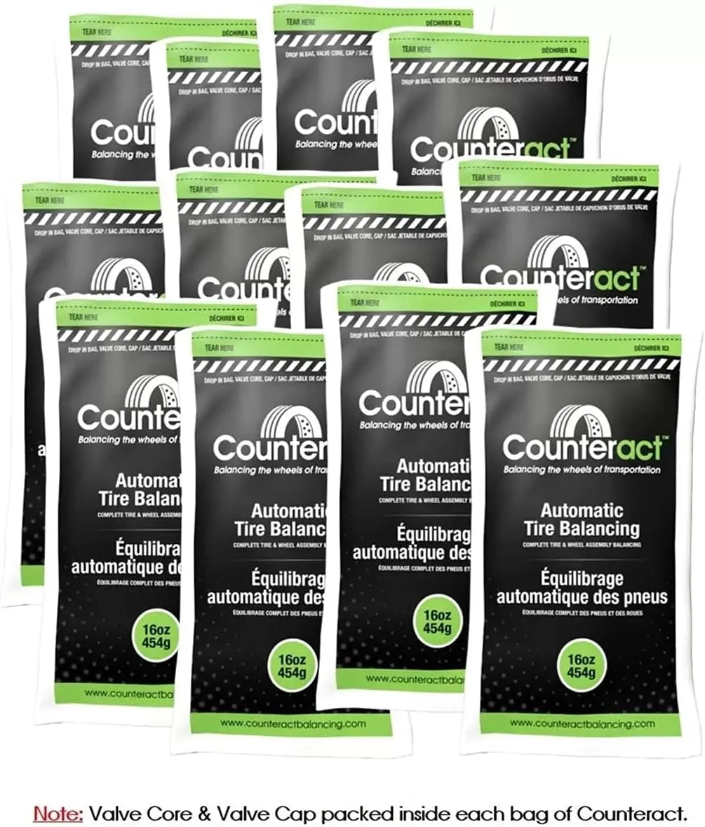 Counteract 16OZ-B12 Centrifugal Force Tire/Wheel Balancing Beads - Off-Road Vehicles, Light Duty Truck Tires, (12) 16oz Balance Bead Bags, (12) Valve Caps and Cores