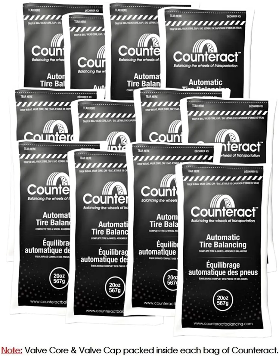 Counteract 20OZ-B12 Centrifugal Force Tire/Wheel Balancing Beads - Off-Road Vehicles, Light Duty Truck Tires, (12) 20oz Balance Bead Bags, (12) Valve Caps and Cores