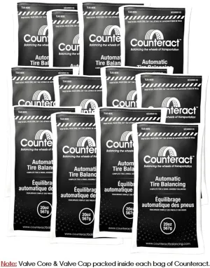 Counteract 20OZ-B12 Centrifugal Force Tire/Wheel Balancing Beads - Off-Road Vehicles, Light Duty Truck Tires, (12) 20oz Balance Bead Bags, (12) Valve Caps and Cores