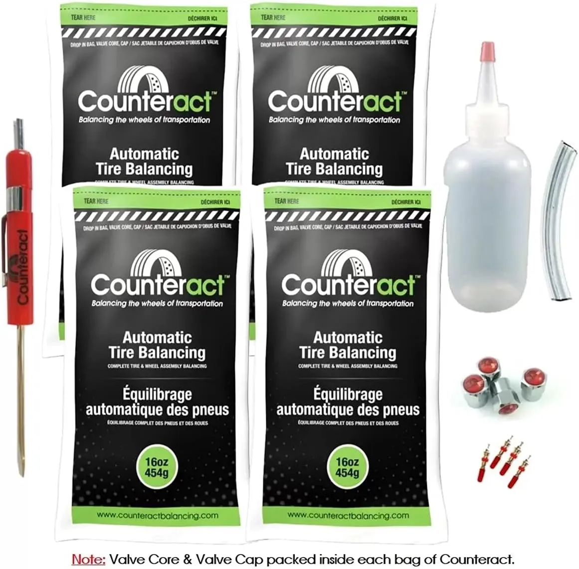 Counteract DIYK-16 Do It Yourself Tire/Wheel Balancing Beads Kit - Off -Road, Medium/Heavy Duty Truck Tires, (4) 16oz DIY Bead Bags, (4) Valve Caps and Cores, (1) Core Remover, Injector Bottle