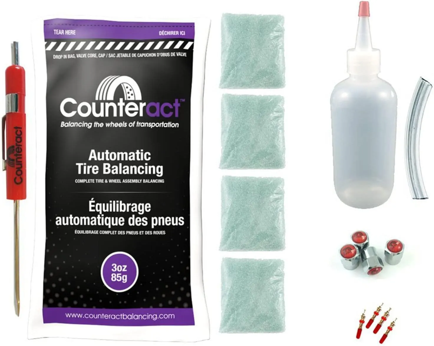 Counteract DIYK-3 Do It Yourself Tire/Wheel Balancing Beads Kit - Light Duty Truck Tires, (4) 3oz DIY Bead Bags, (4) Valve Caps and Cores, (1) Core Remover, Injector Bottle