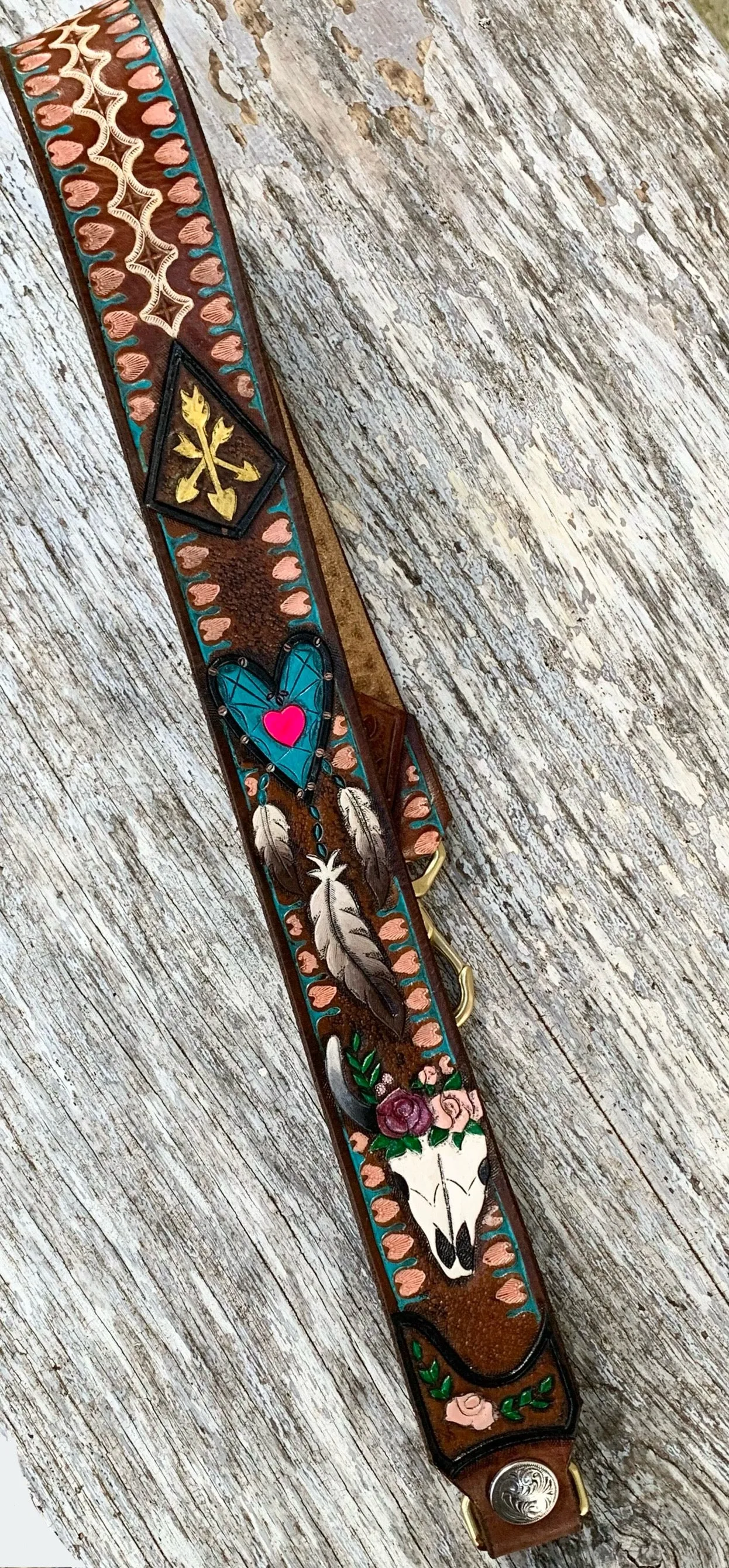 Cowskull and flowers dreamcatcher with feathers handbag strap