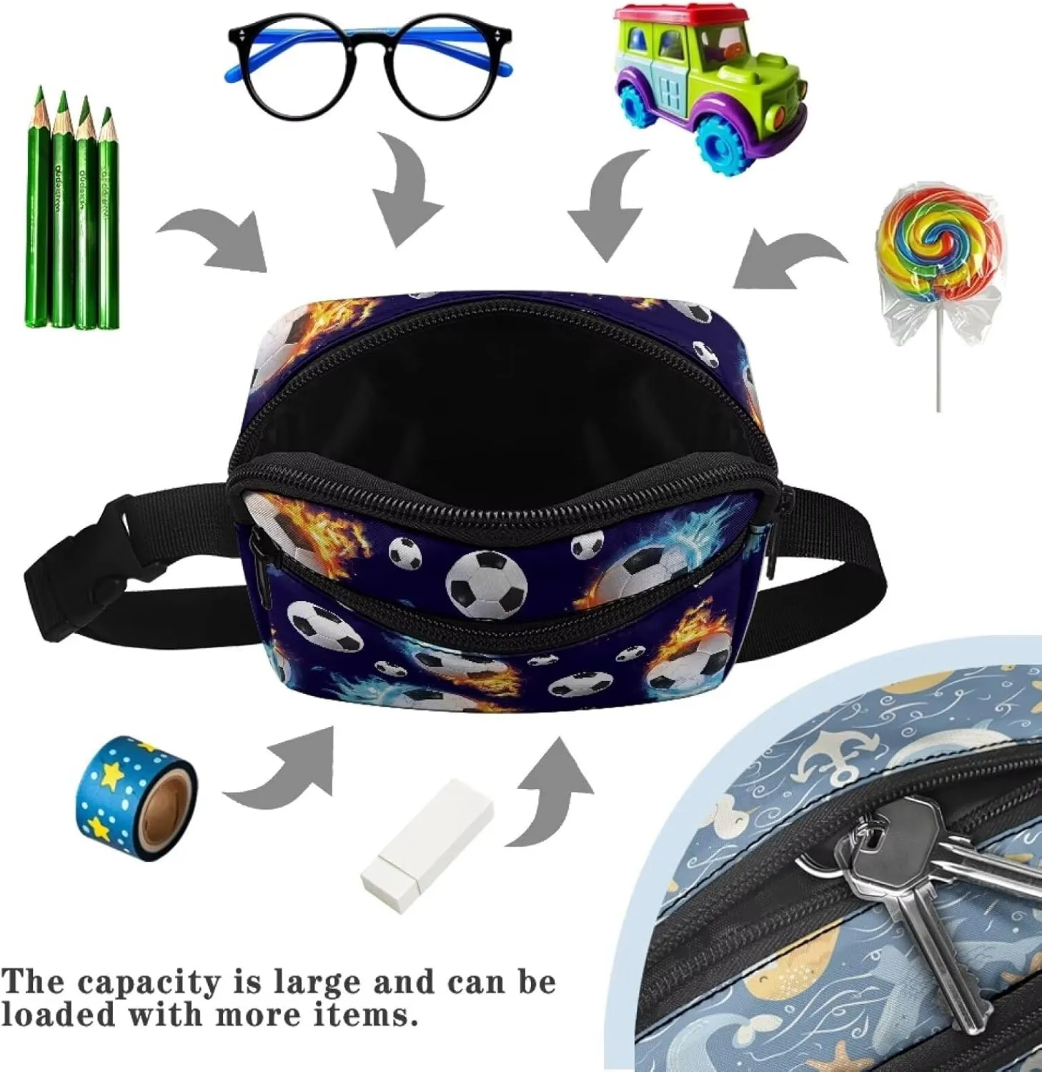 Cozeyat Fire Soccer Boys Fanny Pack Mini Belt Bag with Adjustable Strap Kids Waist Belt Bags Age 4-6 Small Stuff Bag Travel Phone Holder Bag