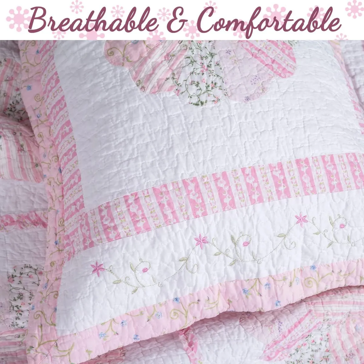 Cozy Line Home Fashions 100% Cotton Hand Piecing Real Patchwork Pink Flora Reversible Quilt Bedding Set, Coverlet, Bedspread for All Seasons (Daisy Field, King - 3 Piece)