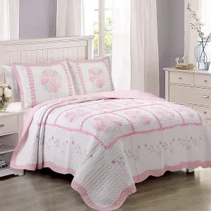 Cozy Line Home Fashions 100% Cotton Hand Piecing Real Patchwork Pink Flora Reversible Quilt Bedding Set, Coverlet, Bedspread for All Seasons (Daisy Field, King - 3 Piece)