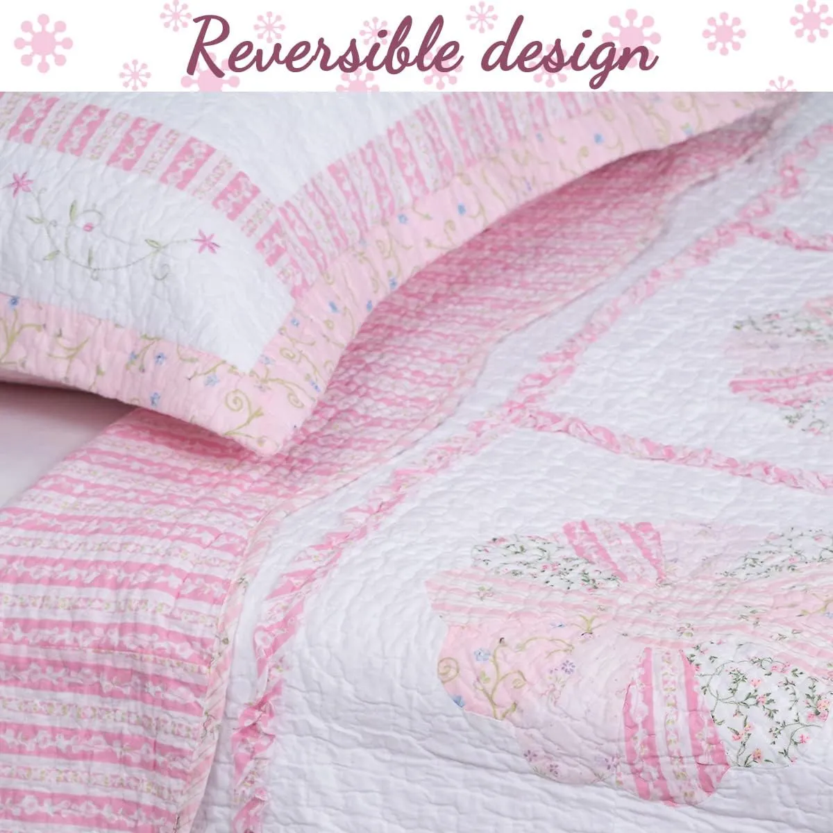 Cozy Line Home Fashions 100% Cotton Hand Piecing Real Patchwork Pink Flora Reversible Quilt Bedding Set, Coverlet, Bedspread for All Seasons (Daisy Field, King - 3 Piece)