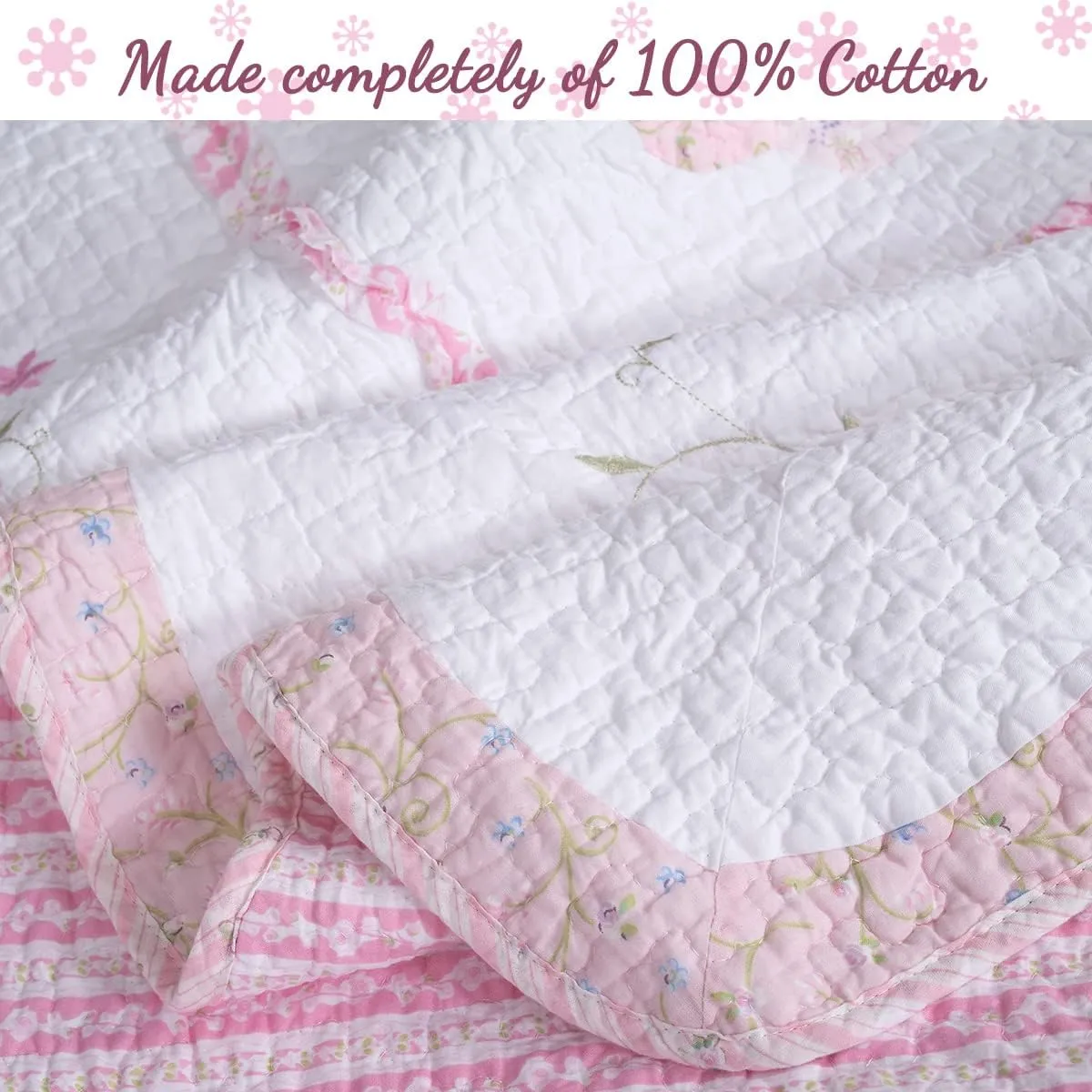 Cozy Line Home Fashions 100% Cotton Hand Piecing Real Patchwork Pink Flora Reversible Quilt Bedding Set, Coverlet, Bedspread for All Seasons (Daisy Field, King - 3 Piece)