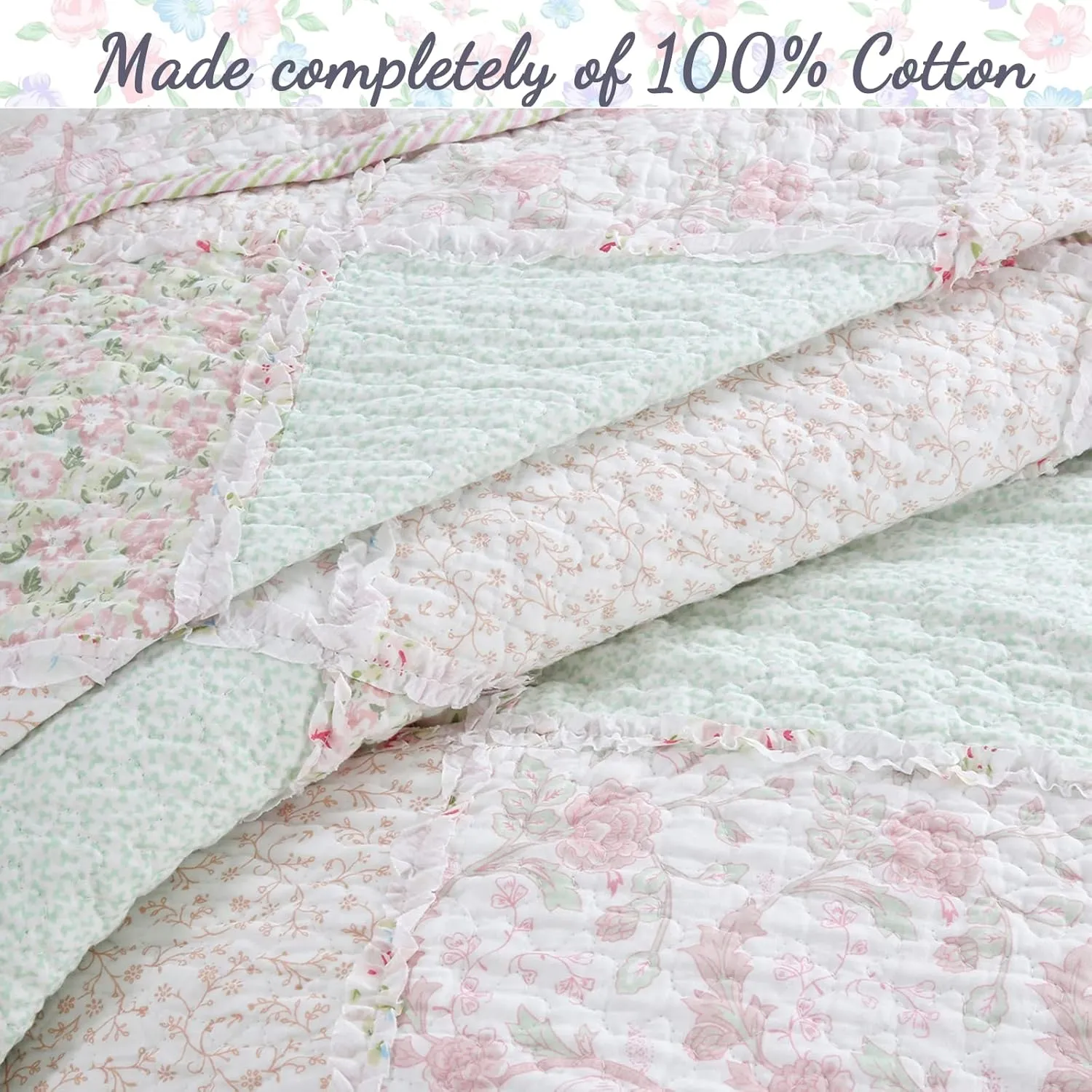 Cozy Line Home Fashions 100% Cotton Real Patchwork Floral Pink Rose Shabby Chic Girly Reversible Quilt Bedding Set, Coverlet Bedspread (La Rosa Rêve, Queen - 3 Piece)