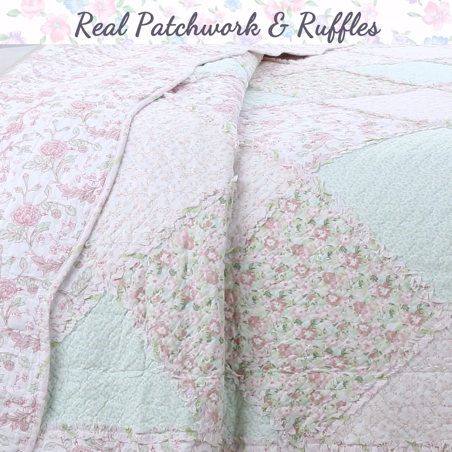 Cozy Line Home Fashions 100% Cotton Real Patchwork Floral Pink Rose Shabby Chic Girly Reversible Quilt Bedding Set, Coverlet Bedspread (La Rosa Rêve, Queen - 3 Piece)