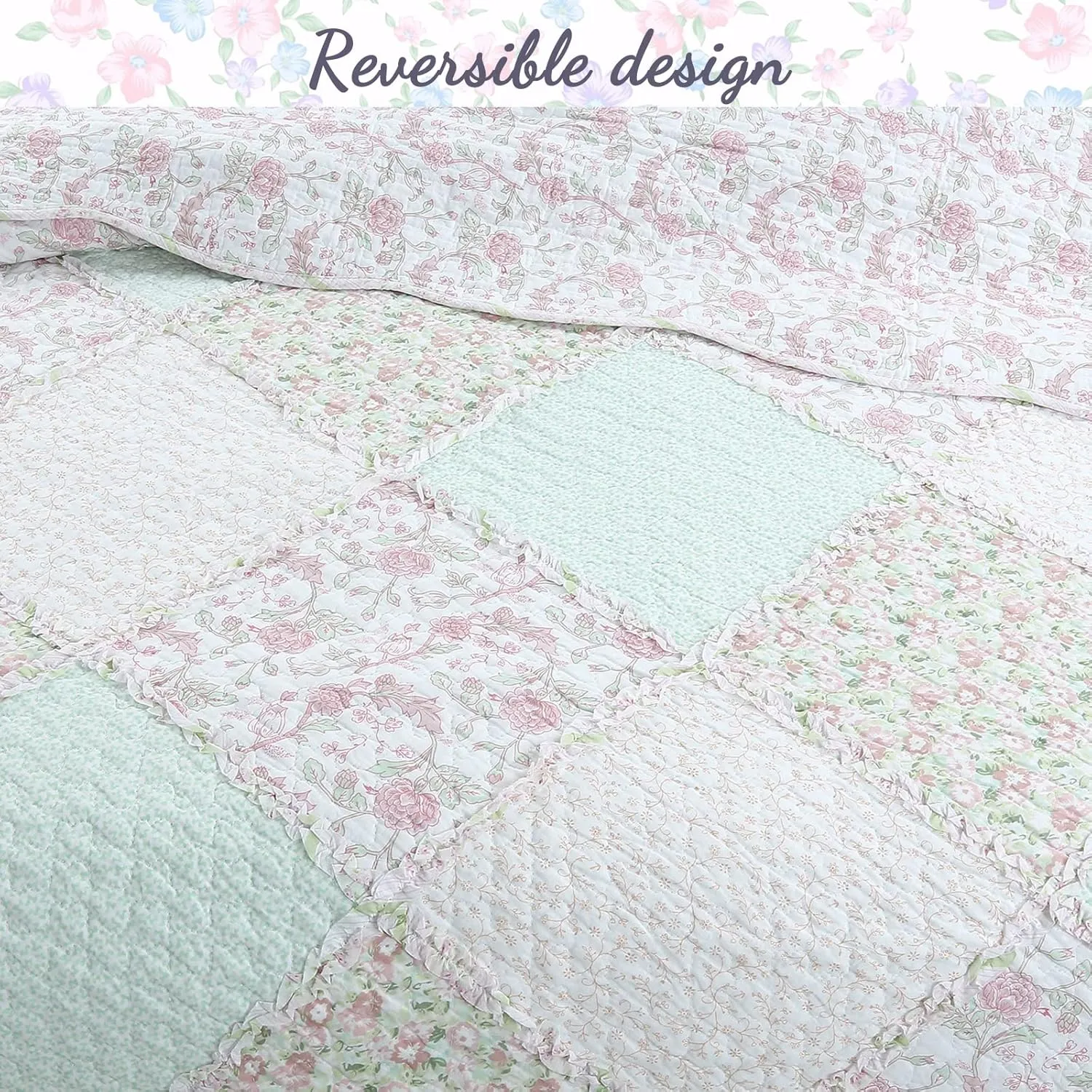 Cozy Line Home Fashions 100% Cotton Real Patchwork Floral Pink Rose Shabby Chic Girly Reversible Quilt Bedding Set, Coverlet Bedspread (La Rosa Rêve, Queen - 3 Piece)
