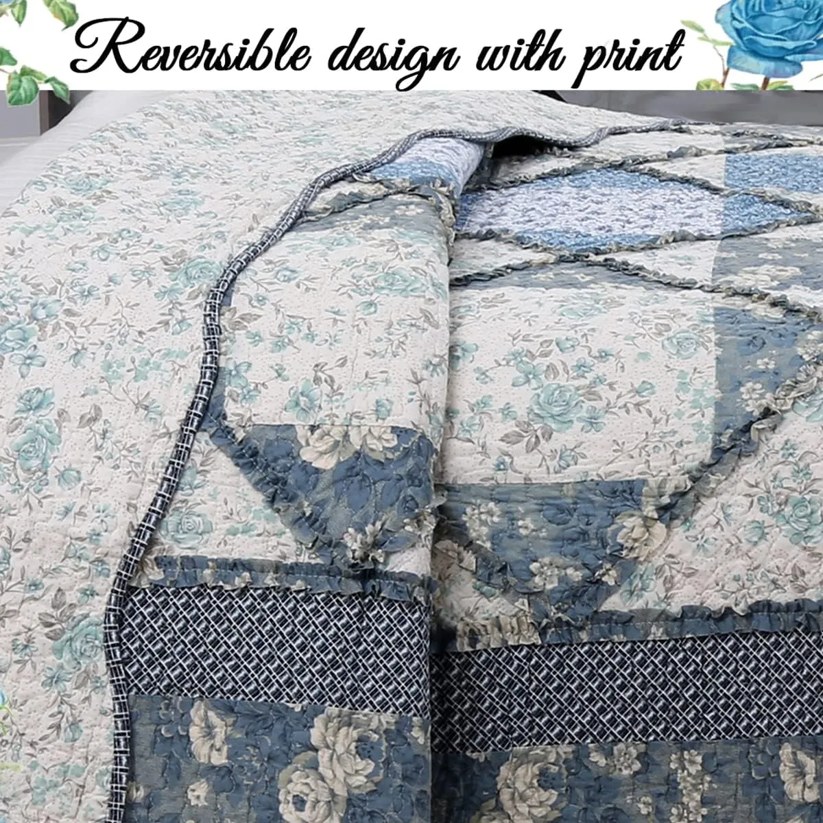 Cozy Line Home Fashions 100% Cotton Real Patchwork Floral Vintage Cottage Reversible Quilt Bedding Set Coverlet Bedspread (Blue Roses, Queen-3 Piece)