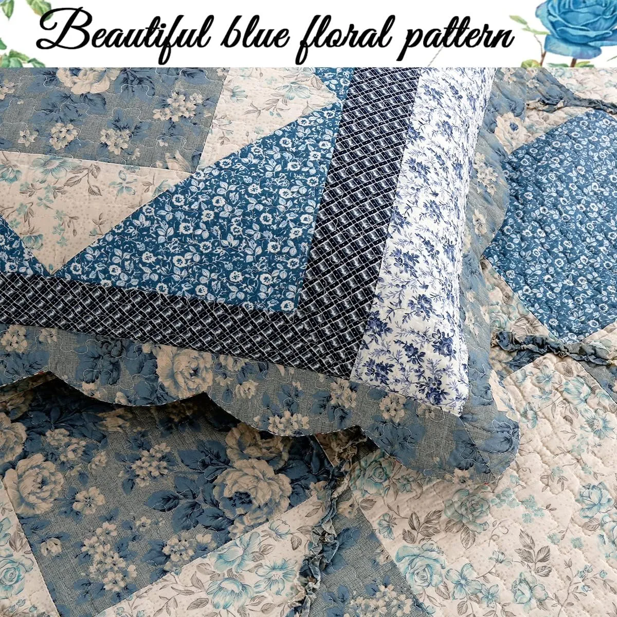 Cozy Line Home Fashions 100% Cotton Real Patchwork Floral Vintage Cottage Reversible Quilt Bedding Set Coverlet Bedspread (Blue Roses, Queen-3 Piece)