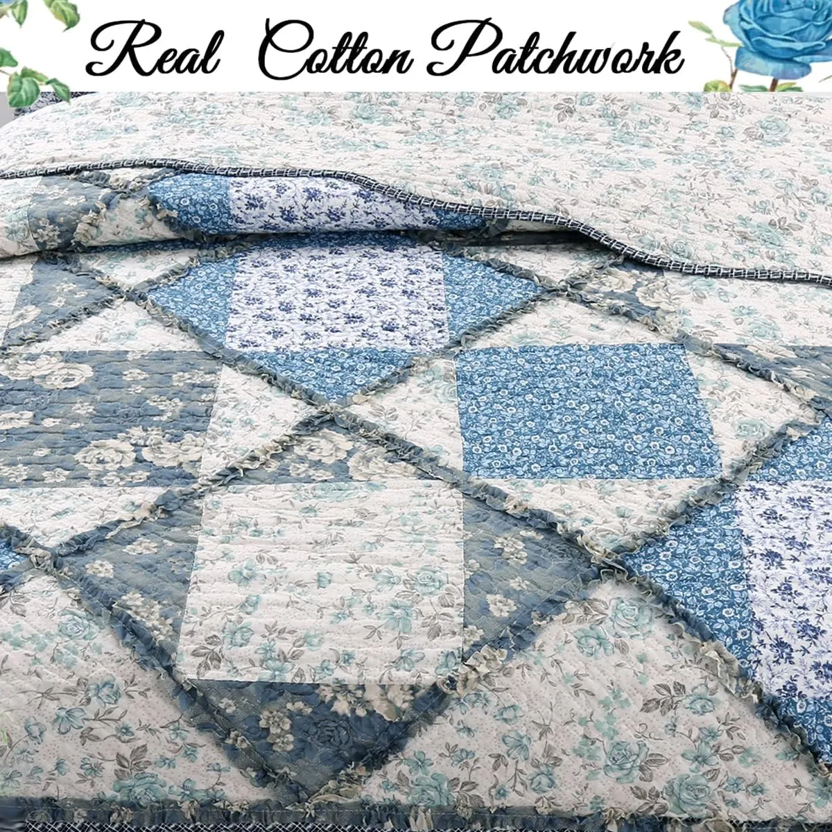 Cozy Line Home Fashions 100% Cotton Real Patchwork Floral Vintage Cottage Reversible Quilt Bedding Set Coverlet Bedspread (Blue Roses, Queen-3 Piece)