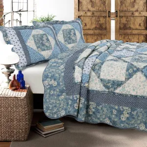 Cozy Line Home Fashions 100% Cotton Real Patchwork Floral Vintage Cottage Reversible Quilt Bedding Set Coverlet Bedspread (Blue Roses, Queen-3 Piece)