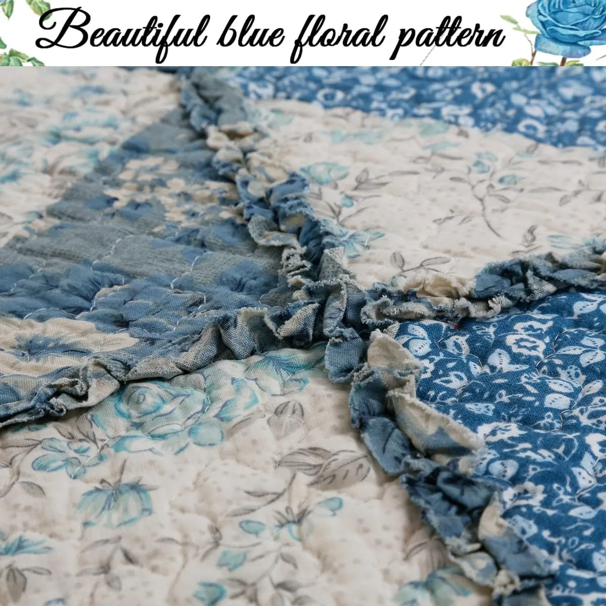 Cozy Line Home Fashions 100% Cotton Real Patchwork Floral Vintage Cottage Reversible Quilt Bedding Set Coverlet Bedspread (Blue Roses, Queen-3 Piece)