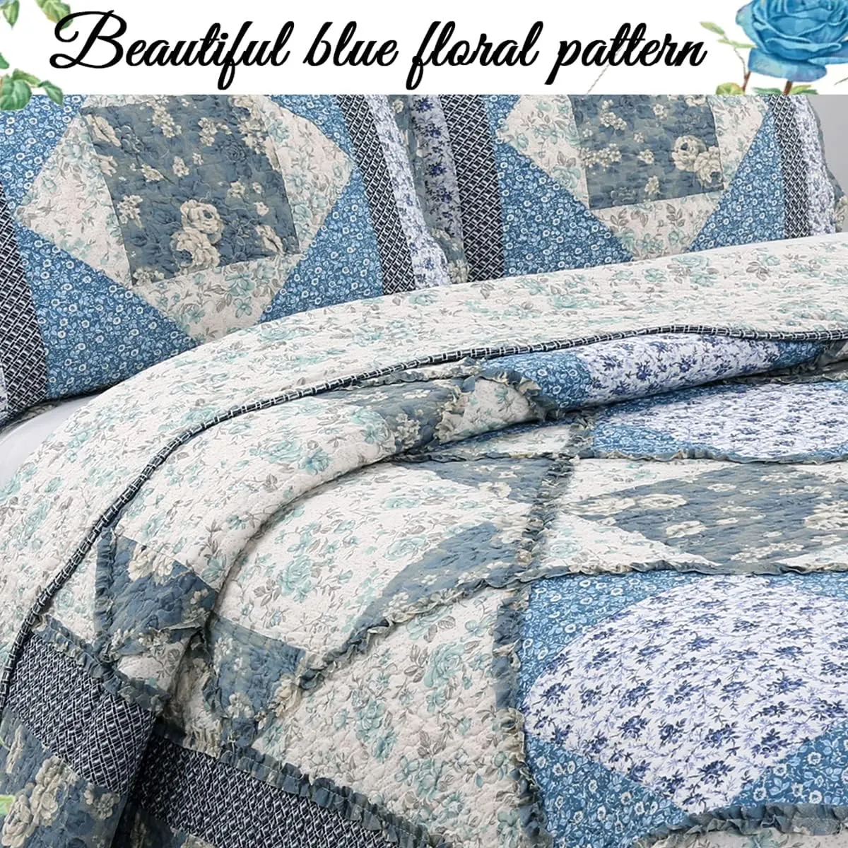 Cozy Line Home Fashions 100% Cotton Real Patchwork Floral Vintage Cottage Reversible Quilt Bedding Set Coverlet Bedspread (Blue Roses, Queen-3 Piece)