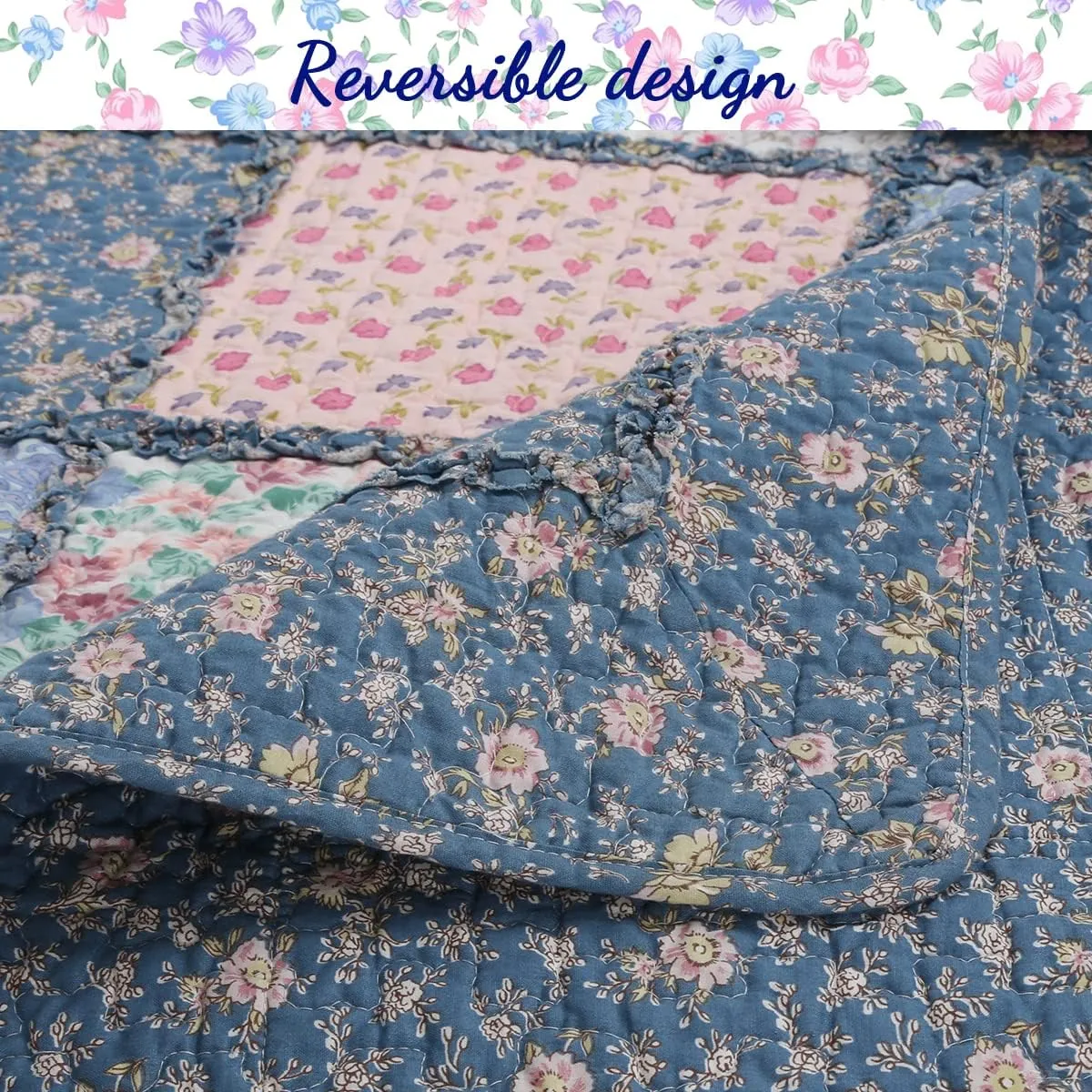 Cozy Line Home Fashions 100% Cotton Real Patchwork French Country Cottage Floral Reversible Quilt Bedding Set Coverlet Bedspread (Blue Pink, Queen-3 Piece)