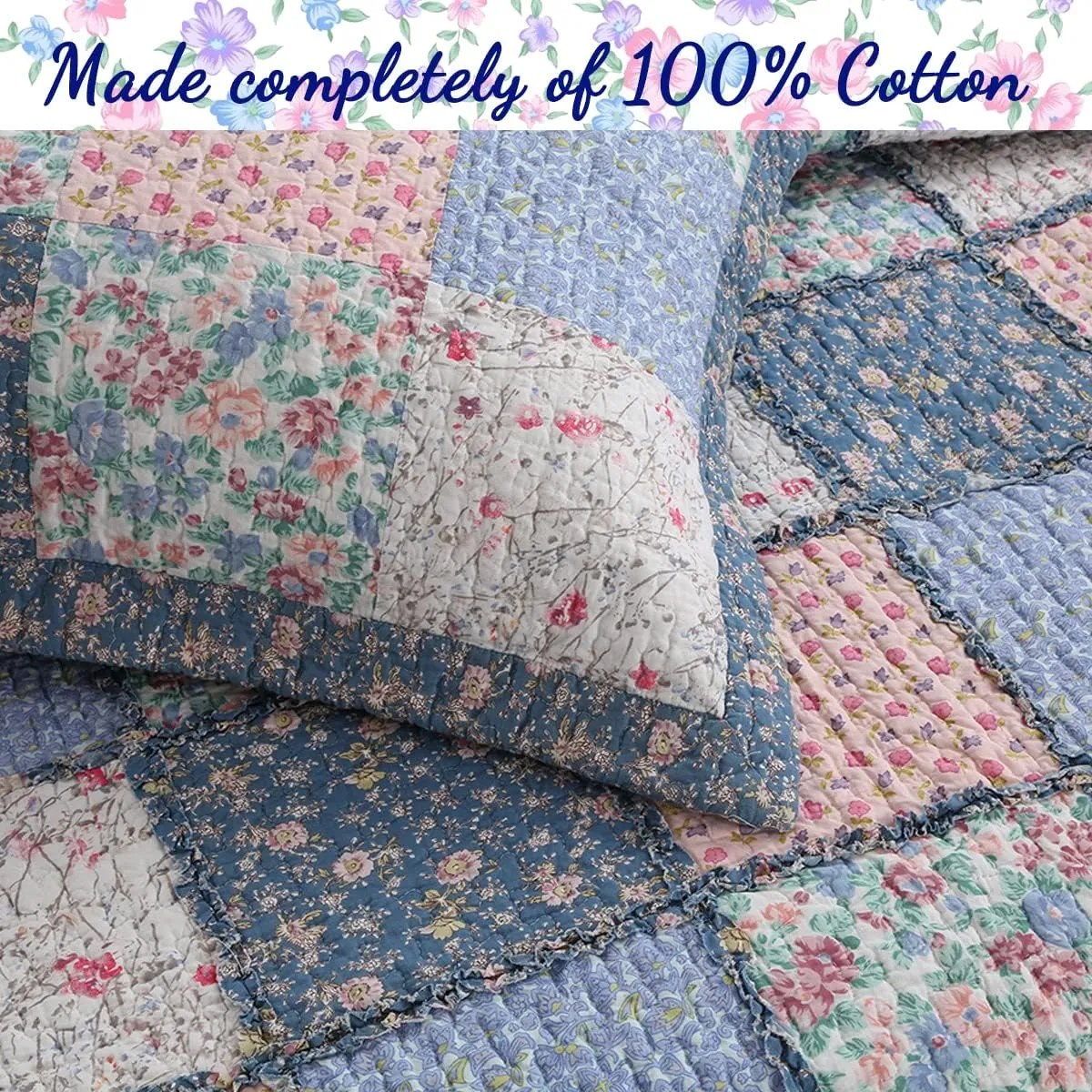 Cozy Line Home Fashions 100% Cotton Real Patchwork French Country Cottage Floral Reversible Quilt Bedding Set Coverlet Bedspread (Blue Pink, Queen-3 Piece)