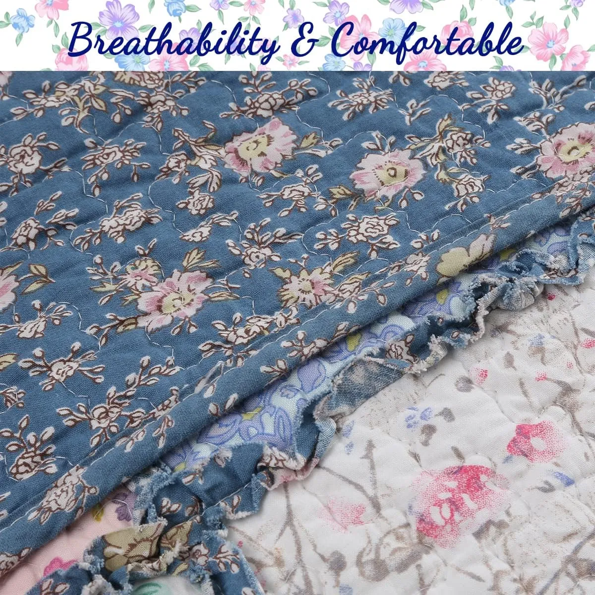 Cozy Line Home Fashions 100% Cotton Real Patchwork French Country Cottage Floral Reversible Quilt Bedding Set Coverlet Bedspread (Blue Pink, Queen-3 Piece)