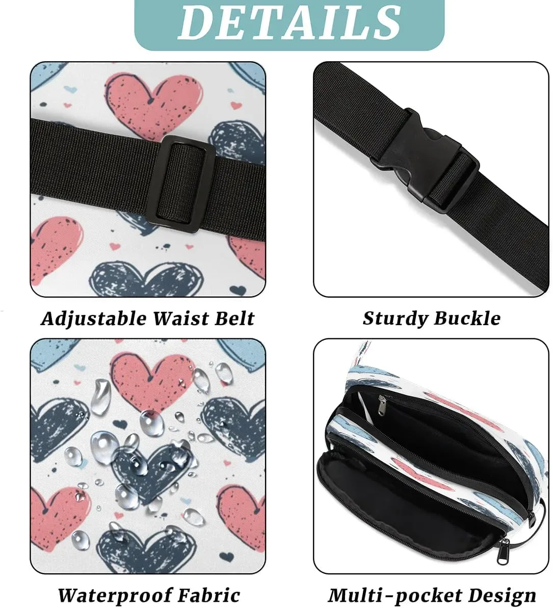 Creative Heart Printing Fanny Packs for Women Men Waterproof Waist Bag with Adjustable Strap Belt Bag for Travel Running Hiking