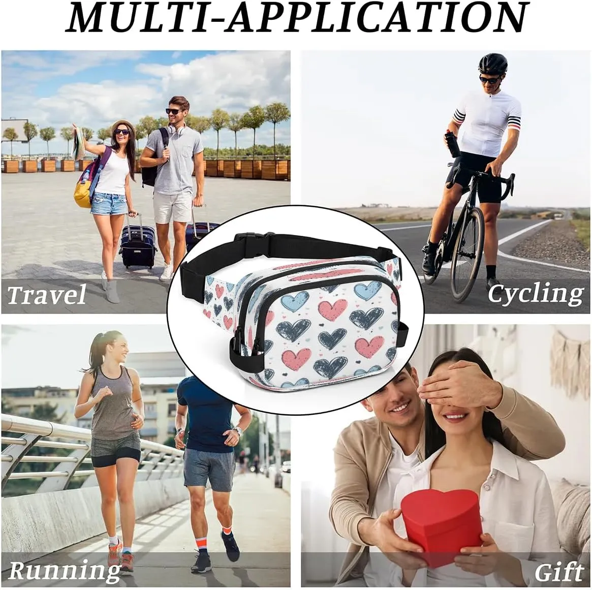 Creative Heart Printing Fanny Packs for Women Men Waterproof Waist Bag with Adjustable Strap Belt Bag for Travel Running Hiking