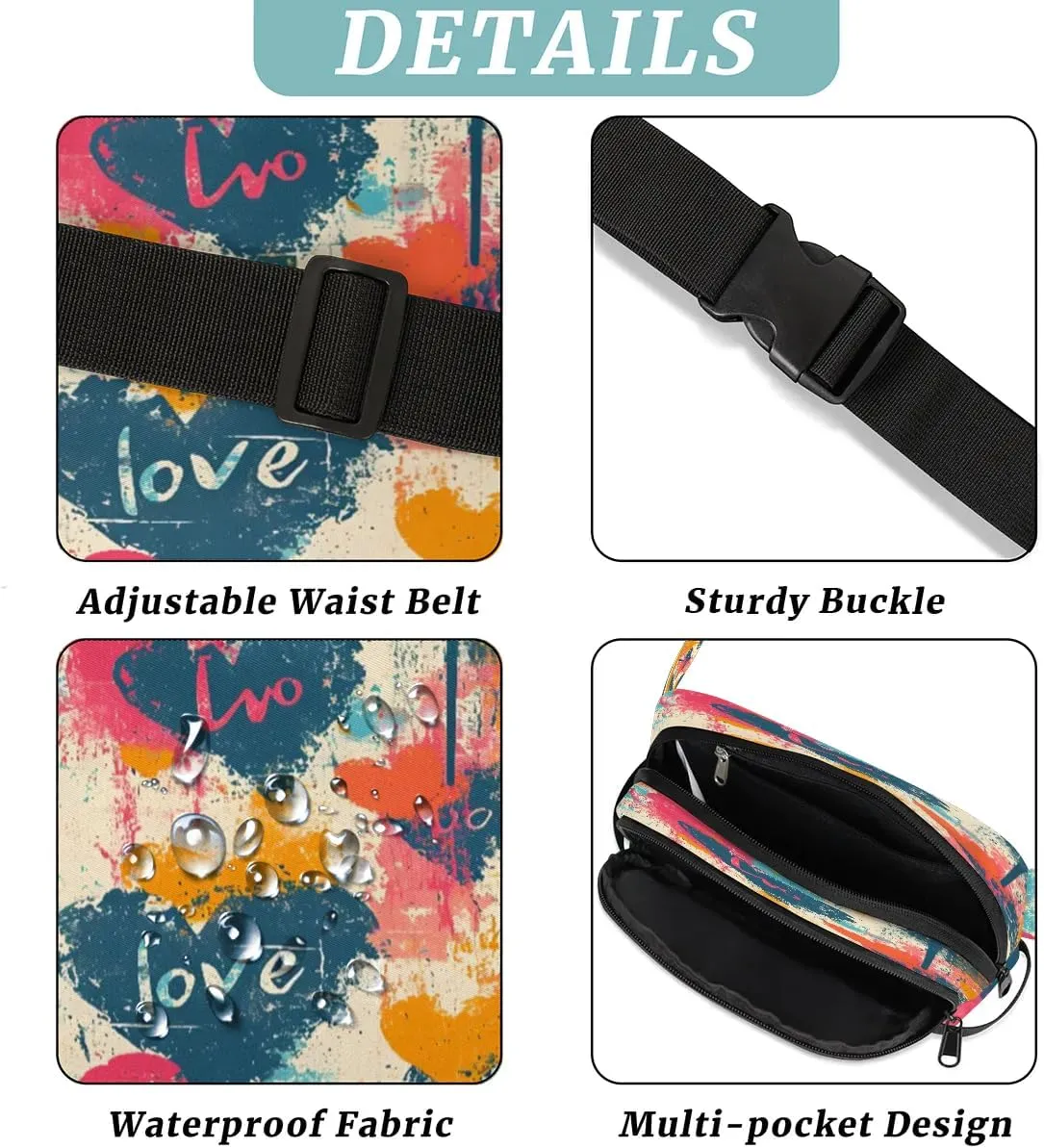 Creative Heart Printings Fanny Packs for Women Men Waterproof Waist Bag with Adjustable Strap Belt Bag for Travel Running Hiking