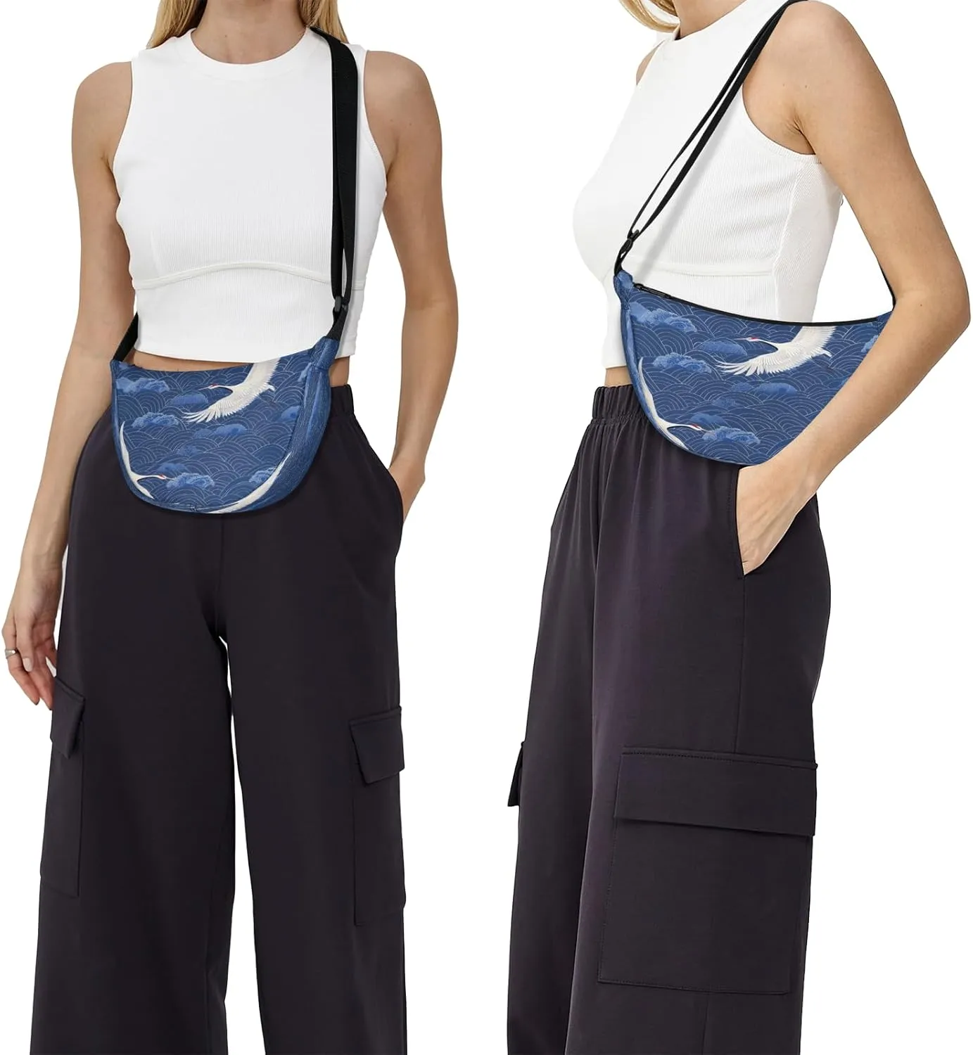 Crescent Bag for Women Men, Lightweight Medium Folding Crescent Moon Bag, Single Shoulder Bags with 2 Small Pockets