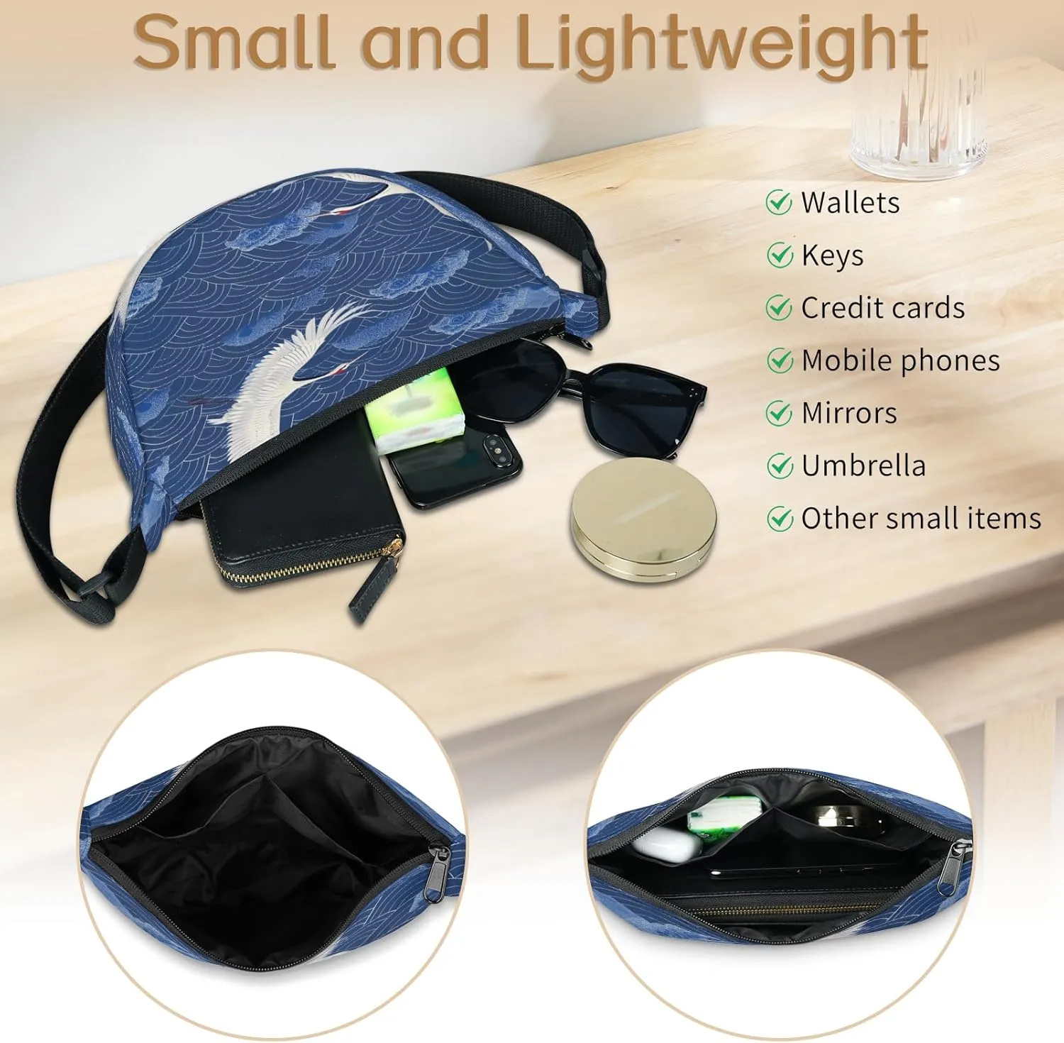 Crescent Bag for Women Men, Lightweight Medium Folding Crescent Moon Bag, Single Shoulder Bags with 2 Small Pockets