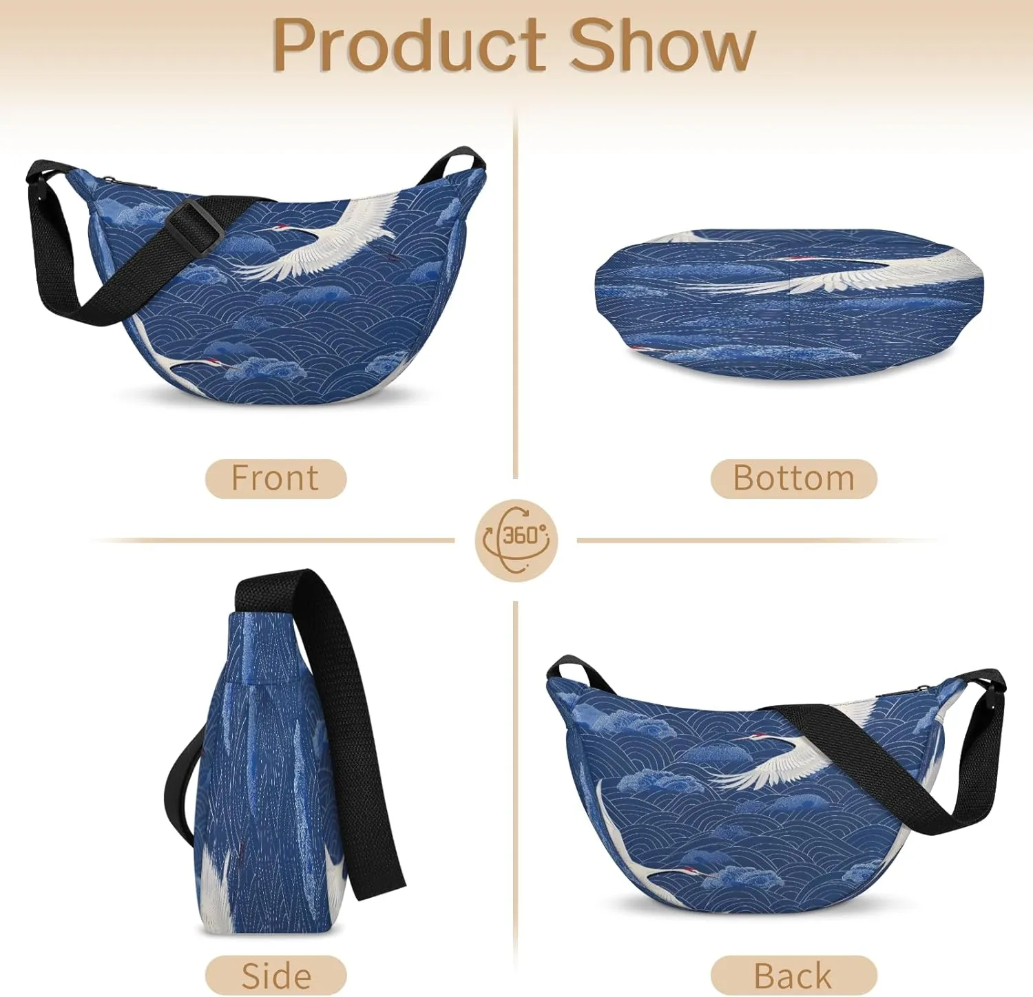 Crescent Bag for Women Men, Lightweight Medium Folding Crescent Moon Bag, Single Shoulder Bags with 2 Small Pockets
