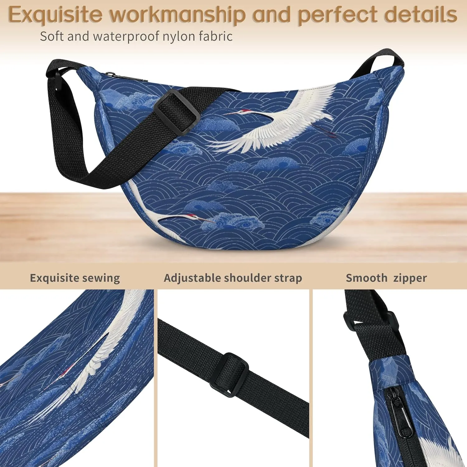 Crescent Bag for Women Men, Lightweight Medium Folding Crescent Moon Bag, Single Shoulder Bags with 2 Small Pockets
