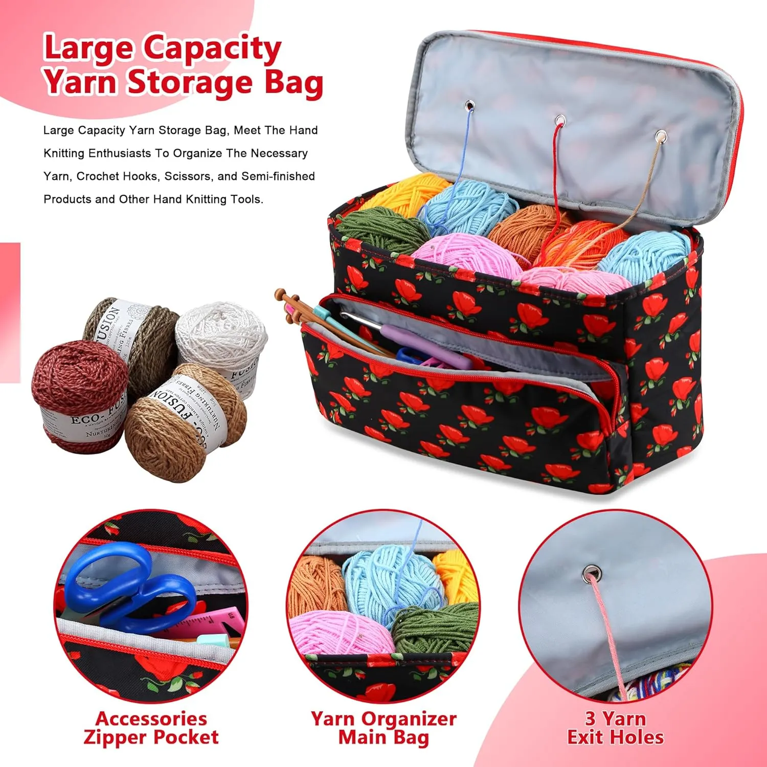 Crochet Bag,Yarn Storage Organizer Tangle Free with 3 Grommets, Knitting Project Bag and Totes Organizer Large Craft Supplies Bag（Seductive Roses）