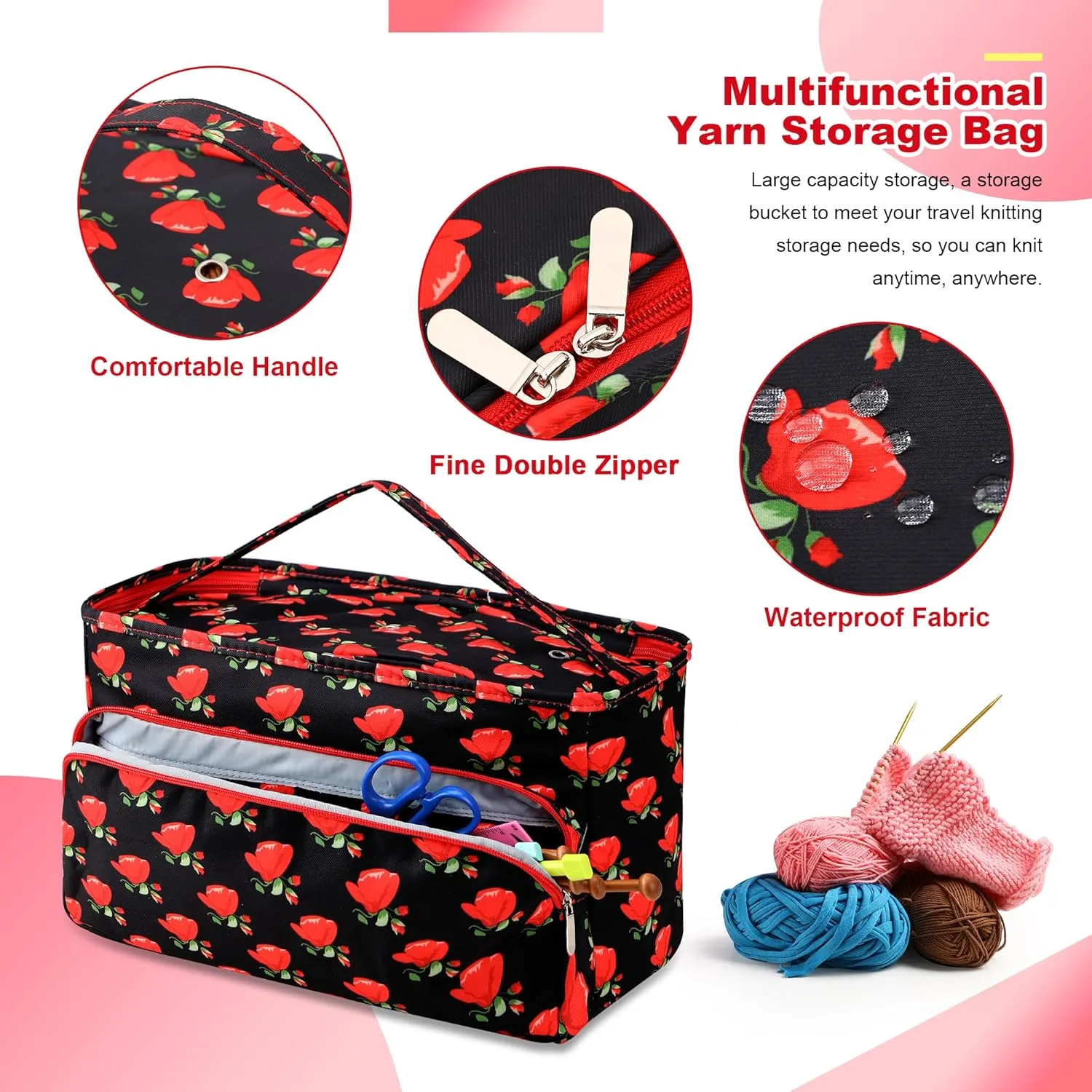 Crochet Bag,Yarn Storage Organizer Tangle Free with 3 Grommets, Knitting Project Bag and Totes Organizer Large Craft Supplies Bag（Seductive Roses）
