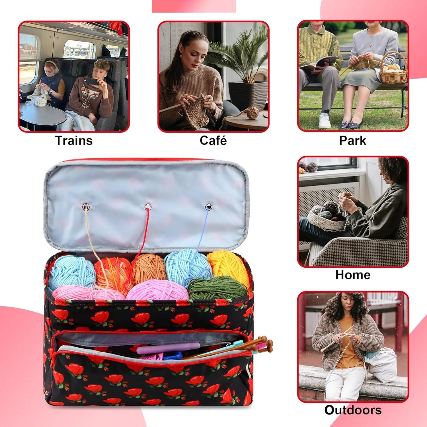 Crochet Bag,Yarn Storage Organizer Tangle Free with 3 Grommets, Knitting Project Bag and Totes Organizer Large Craft Supplies Bag（Seductive Roses）