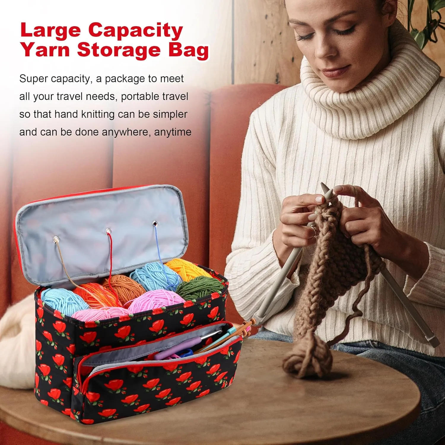 Crochet Bag,Yarn Storage Organizer Tangle Free with 3 Grommets, Knitting Project Bag and Totes Organizer Large Craft Supplies Bag（Seductive Roses）