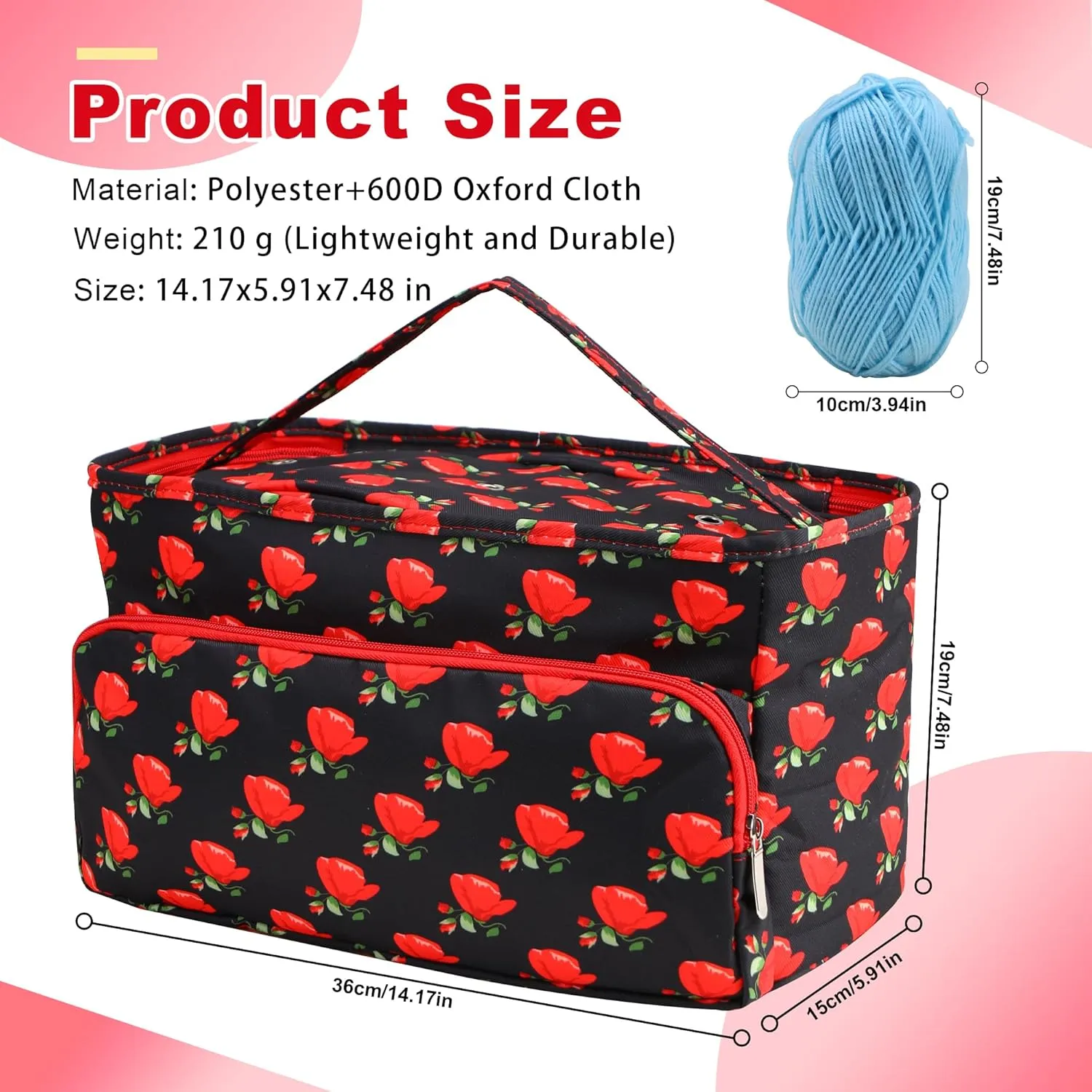 Crochet Bag,Yarn Storage Organizer Tangle Free with 3 Grommets, Knitting Project Bag and Totes Organizer Large Craft Supplies Bag（Seductive Roses）