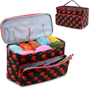 Crochet Bag,Yarn Storage Organizer Tangle Free with 3 Grommets, Knitting Project Bag and Totes Organizer Large Craft Supplies Bag（Seductive Roses）