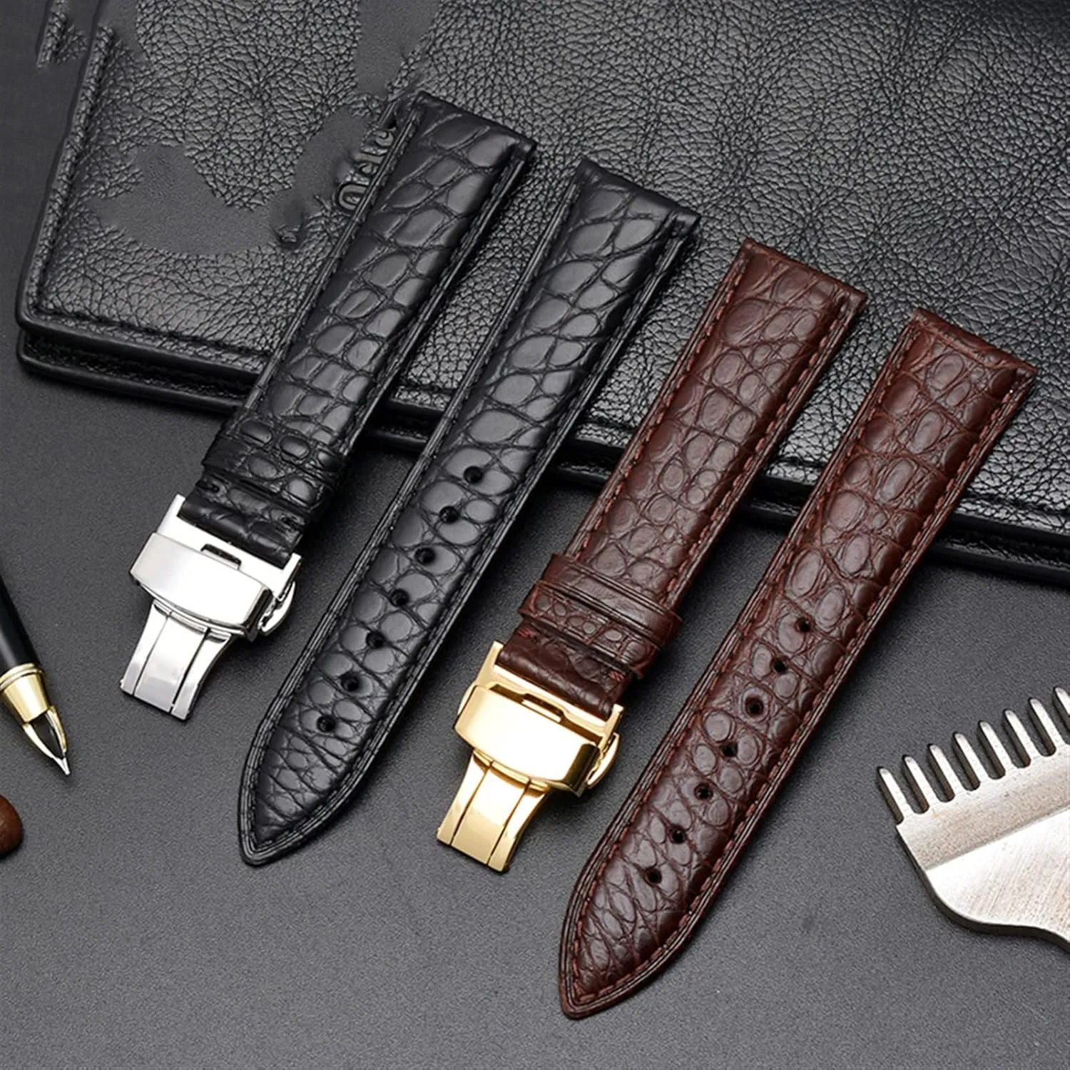 Crocodile leather watchband for any brand wristband 16 17 18 19mm straps with folding clasp