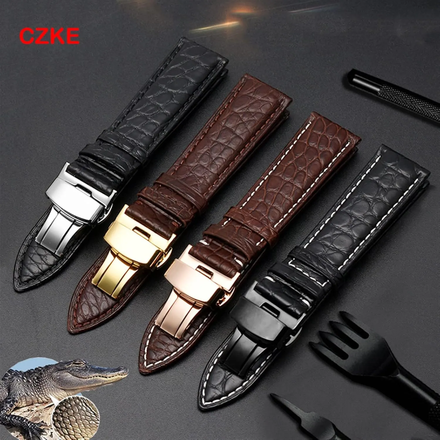 Crocodile leather watchband for any brand wristband 16 17 18 19mm straps with folding clasp