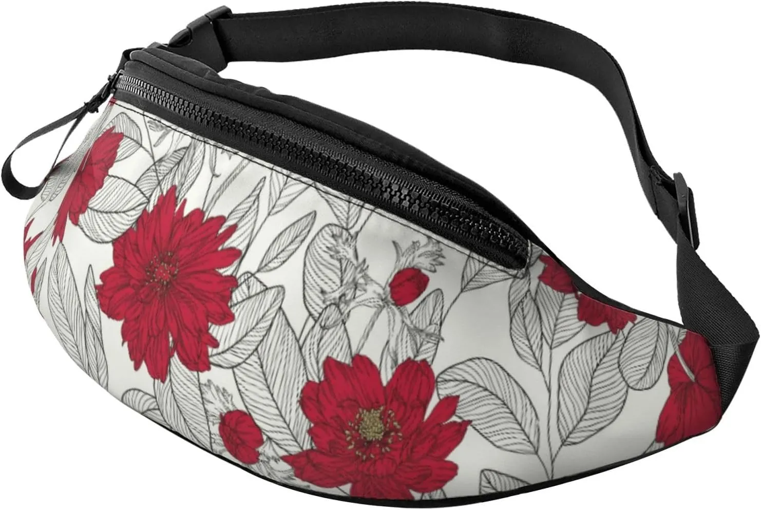 Crossbody Fanny Packs for Women Men - Leaves Anemone Flowers Red Grey Running Waist Bag Travel Belt Bag for Women Men
